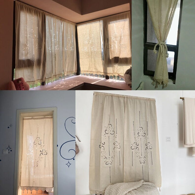 Pellavatyylinen kahvilaverho tupsuilla ja kirjonnalla