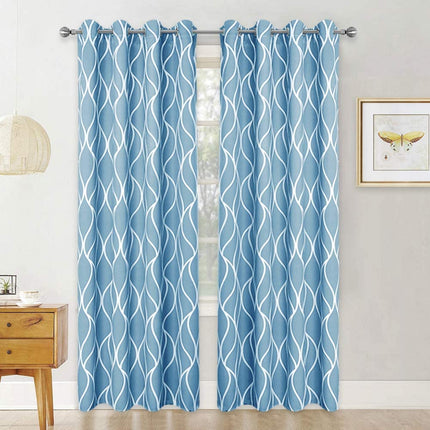 Vaaleansininen pimennysverho aaltoilevalla kuviolla