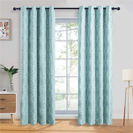 Sininen pimennysverho geometrisella kuviolla