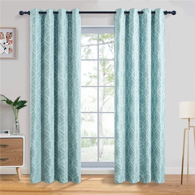 Sininen pimennysverho geometrisella kuviolla