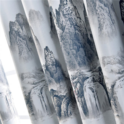 Harmaa pimennysverho näyttävällä maisemakuviolla