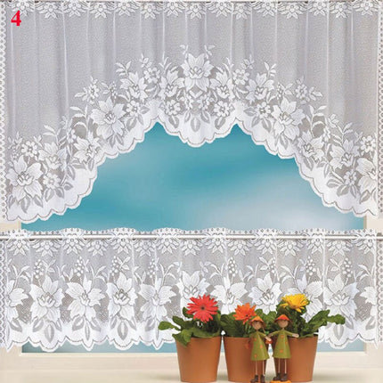 Valkoinen pitsinen keittiöverhosetti