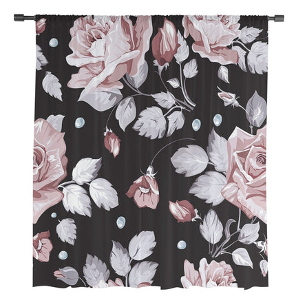 Musta läpikuultava verho ruusukuviolla