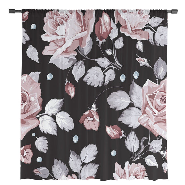 Musta läpikuultava verho ruusukuviolla