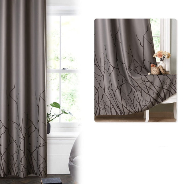 Luontoaiheinen verho oksakuviolla olohuoneeseen