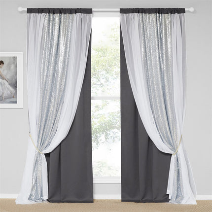 Kerroksellinen pimennysverho hopeisilla paljeteilla