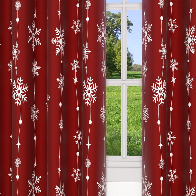 Punainen jouluverho lumihiutalekuviolla