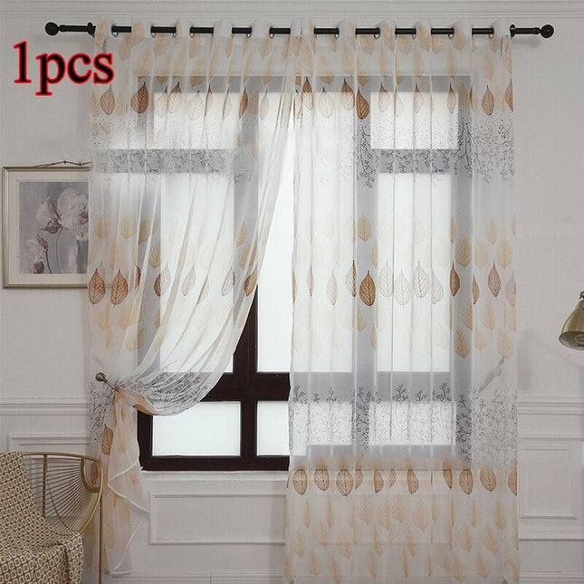 Ohut valoverho kahvinruskealla lehtikuviolla