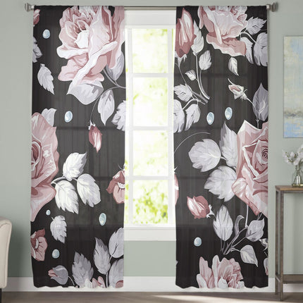 Musta läpikuultava verho ruusukuviolla
