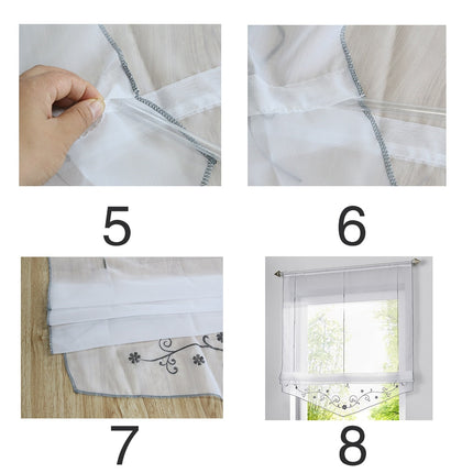 Kirjailtu laskostyylinen kappaverho keittiöön