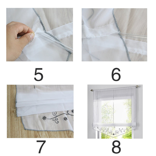 Kirjailtu laskostyylinen kappaverho keittiöön