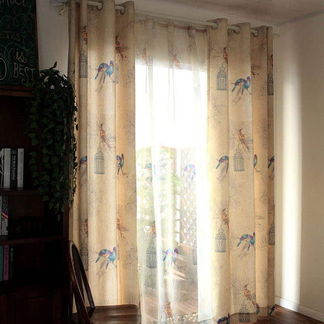 Violetti pellavatyylinen verho lintukuviolla