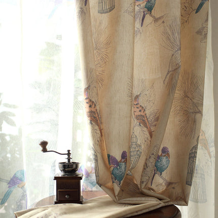 Violetti pellavatyylinen verho lintukuviolla