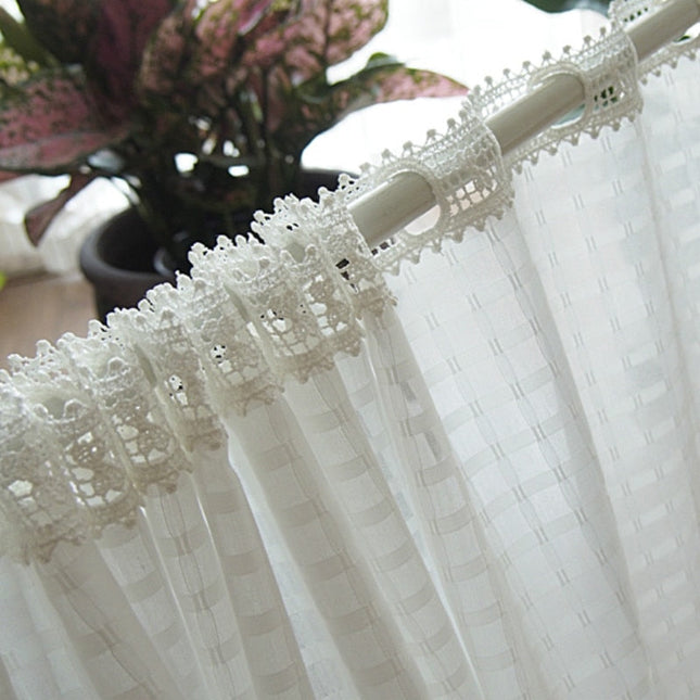 Ruudullinen valoverho pitsireunuksella keittiöön