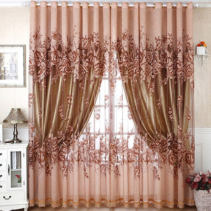 Vaaleanpunainen valoverho näyttävällä kukkakuviolla