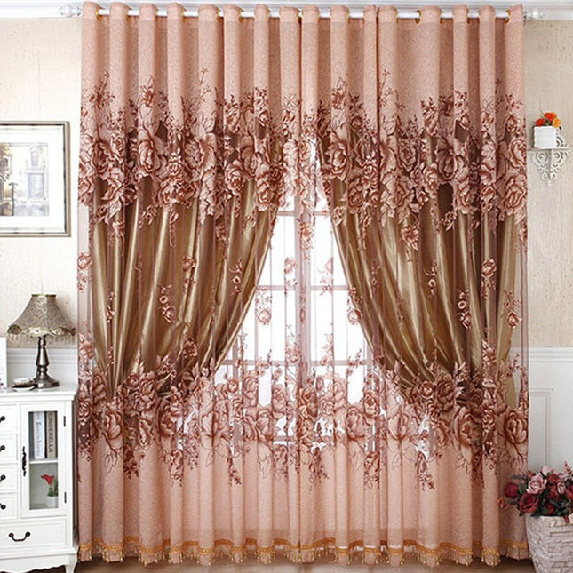 Vaaleanpunainen valoverho näyttävällä kukkakuviolla