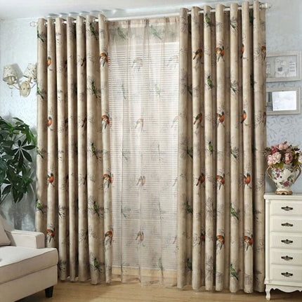 Pellavanvärinen verho kauniilla lintukuviolla