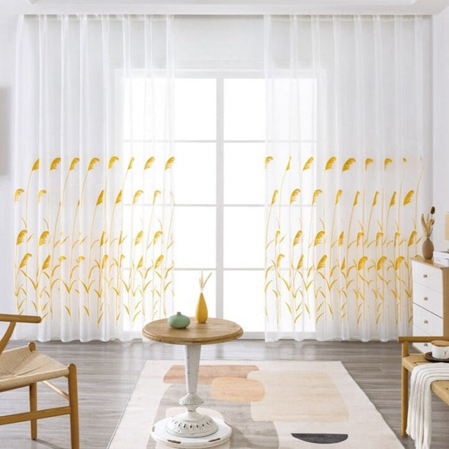 Valoverho kirjaillulla heinäkuviolla