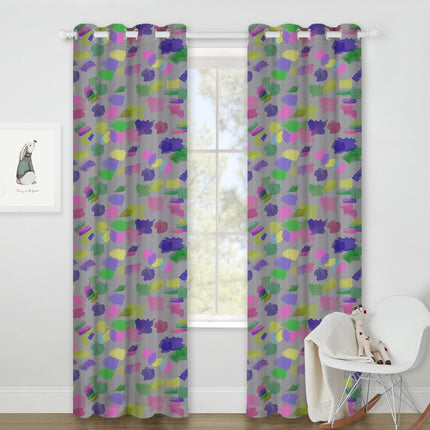 Värikäs lastenhuoneen verho abstraktilla kuviolla