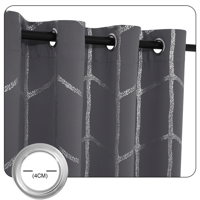 Pimennysverho hopeisella geometrisella kuviolla