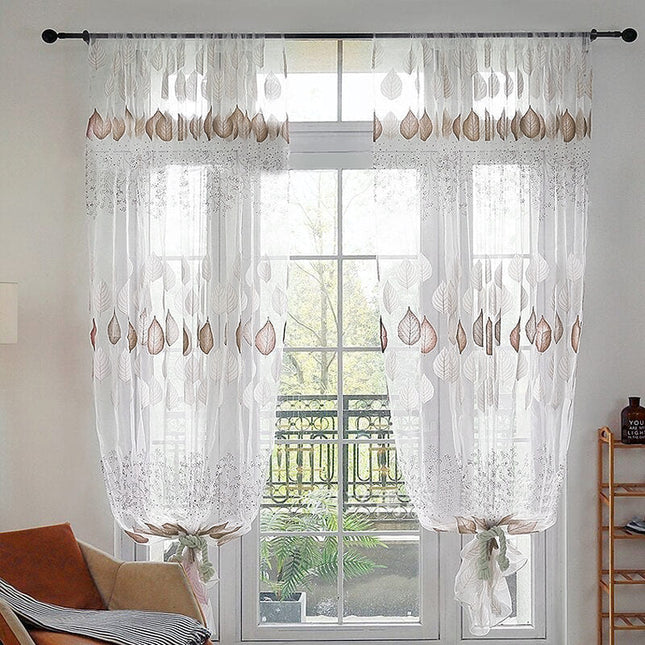 Ohut valoverho kahvinruskealla lehtikuviolla