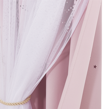 Vaaleanpunainen kerrosverho tytön huoneeseen