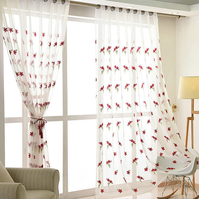 Valoverho brodeeratuilla punaisilla kukilla