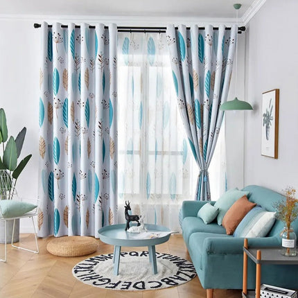 Sininen lehtikuvioinen läpikuultava verho