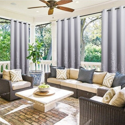 Harmaa säänkestävä terassiverho kuviolla