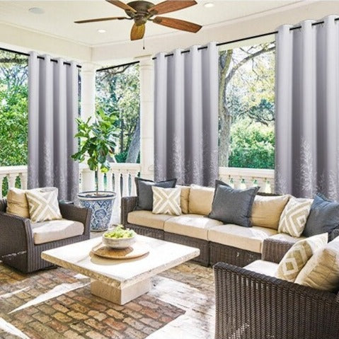 Harmaa säänkestävä terassiverho kuviolla