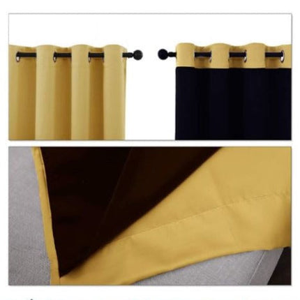 Keltainen lämpöeristävä pimennysverho makuuhuoneeseen