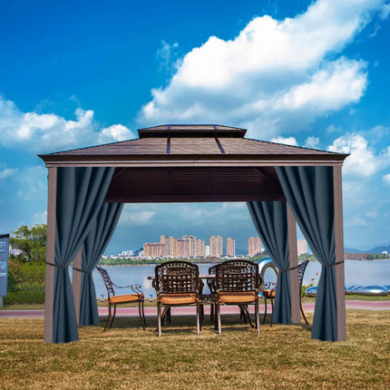 Sininen ulkoverho pergolaan purjerenkailla