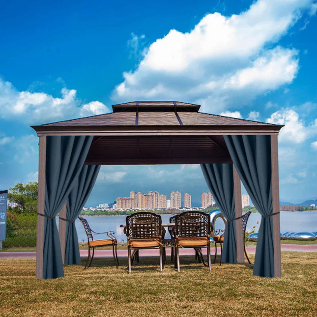 Sininen ulkoverho pergolaan purjerenkailla