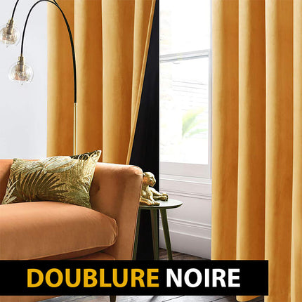 Sinapinkeltainen samettinen pimennysverho silmukoilla