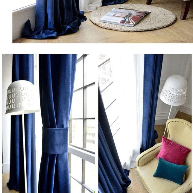 Sininen samettinen pimennysverho purjerenkailla